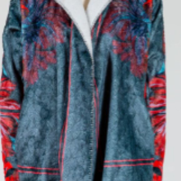 Johnny Was BIYA Rising Sun Sherpa Cozy Hooded Jacket Coat L Blue Red - Picture 3 of 12